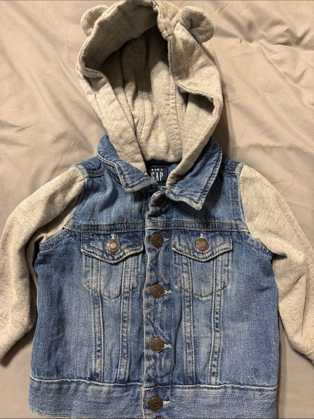 Baby gap Blue Denim Jacket with Gray Hood and Sleeves